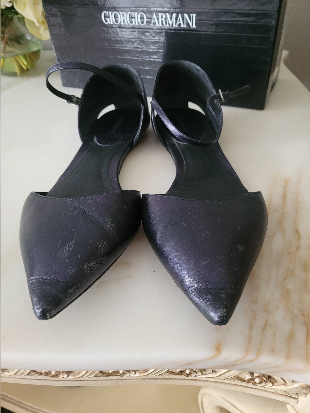 Giorgio Armani Pointed Toe Ankle-Strap Flats Black/Purple Sheen IT 39.5/US 9.5 - Picture 3 of 16